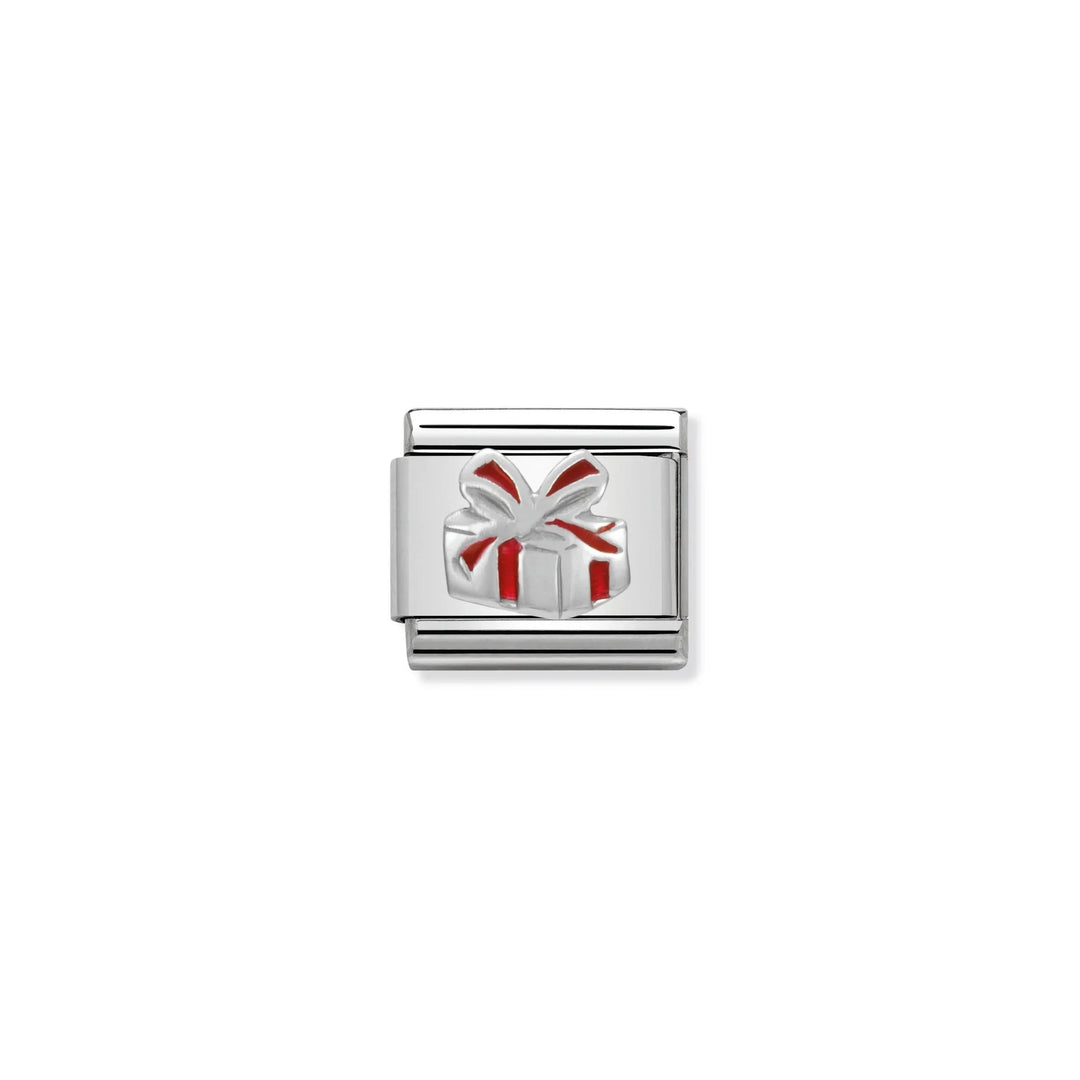 Niche Jewellery Nomination stainless steel charm featuring a festive gift box motif with red enamel ribbon detail.