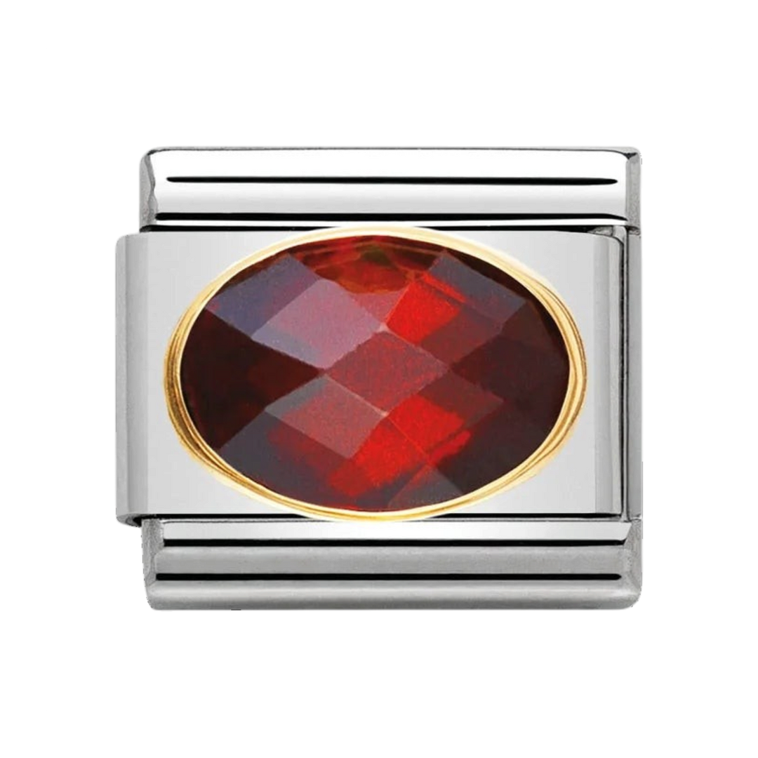 Niche Jewellery Nomination charm featuring an oval faceted red stone set in stainless steel and 18k gold.