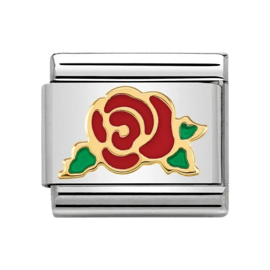 Niche Jewellery Nomination gold and stainless steel charm featuring a red enamel rose with green leaves.