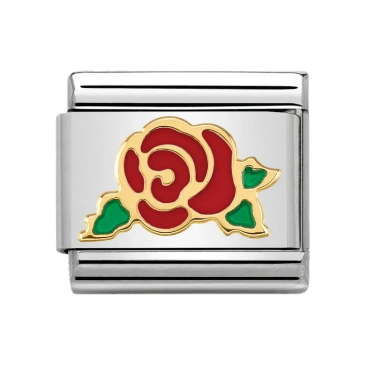 Niche Jewellery Nomination gold and stainless steel charm featuring a red enamel rose with green leaves.