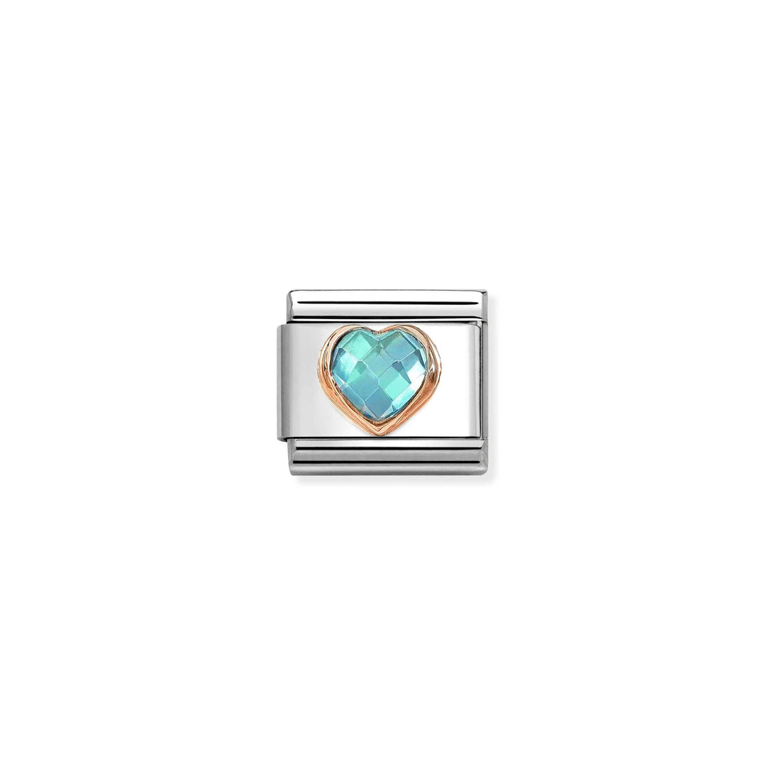 Niche Jewellery Nomination heart charm in stainless steel and rose gold with a faceted light blue cubic zirconia.