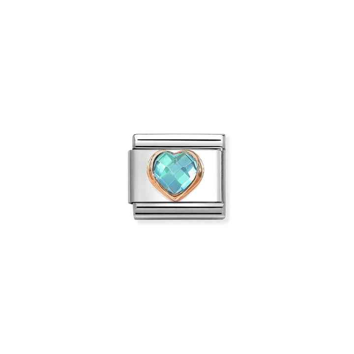 Niche Jewellery Nomination heart charm in stainless steel and rose gold with a faceted light blue cubic zirconia.