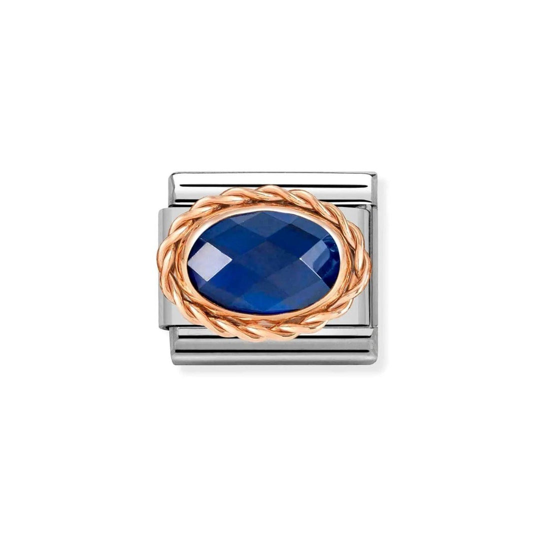 Niche Jewellery Nomination rose gold charm with a dark blue faceted oval zirconia stone and braided border.