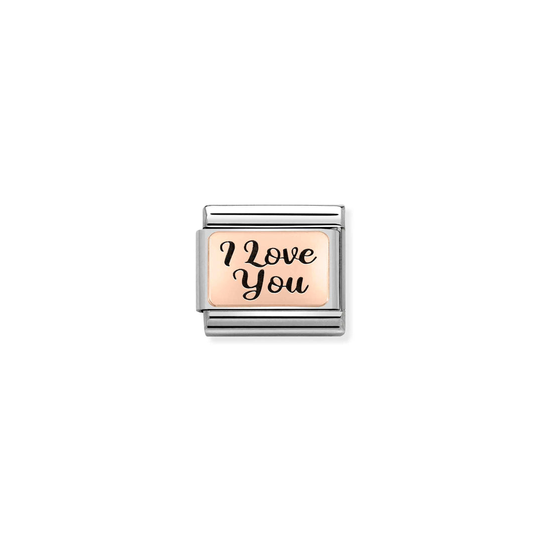 Niche Jewellery Nomination stainless steel charm with a rose gold plate engraved with I Love You in black script.