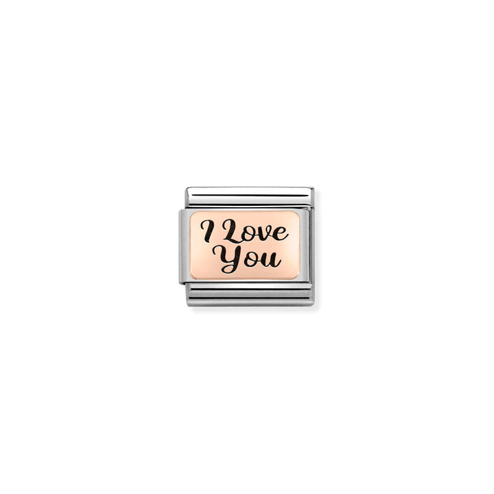 Niche Jewellery Nomination stainless steel charm with a rose gold plate engraved with I Love You in black script.