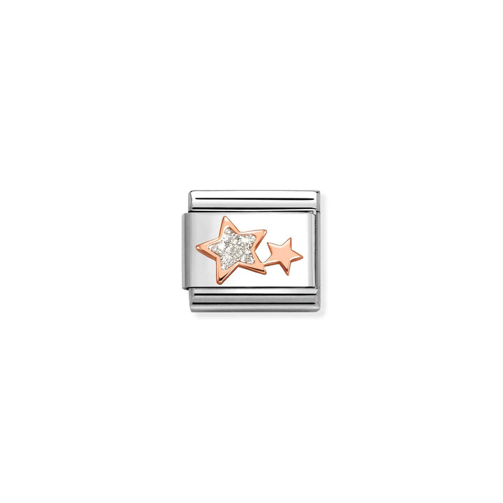 Niche Jewellery Nomination charm featuring rose gold stars with glitter enamel on a stainless steel link.