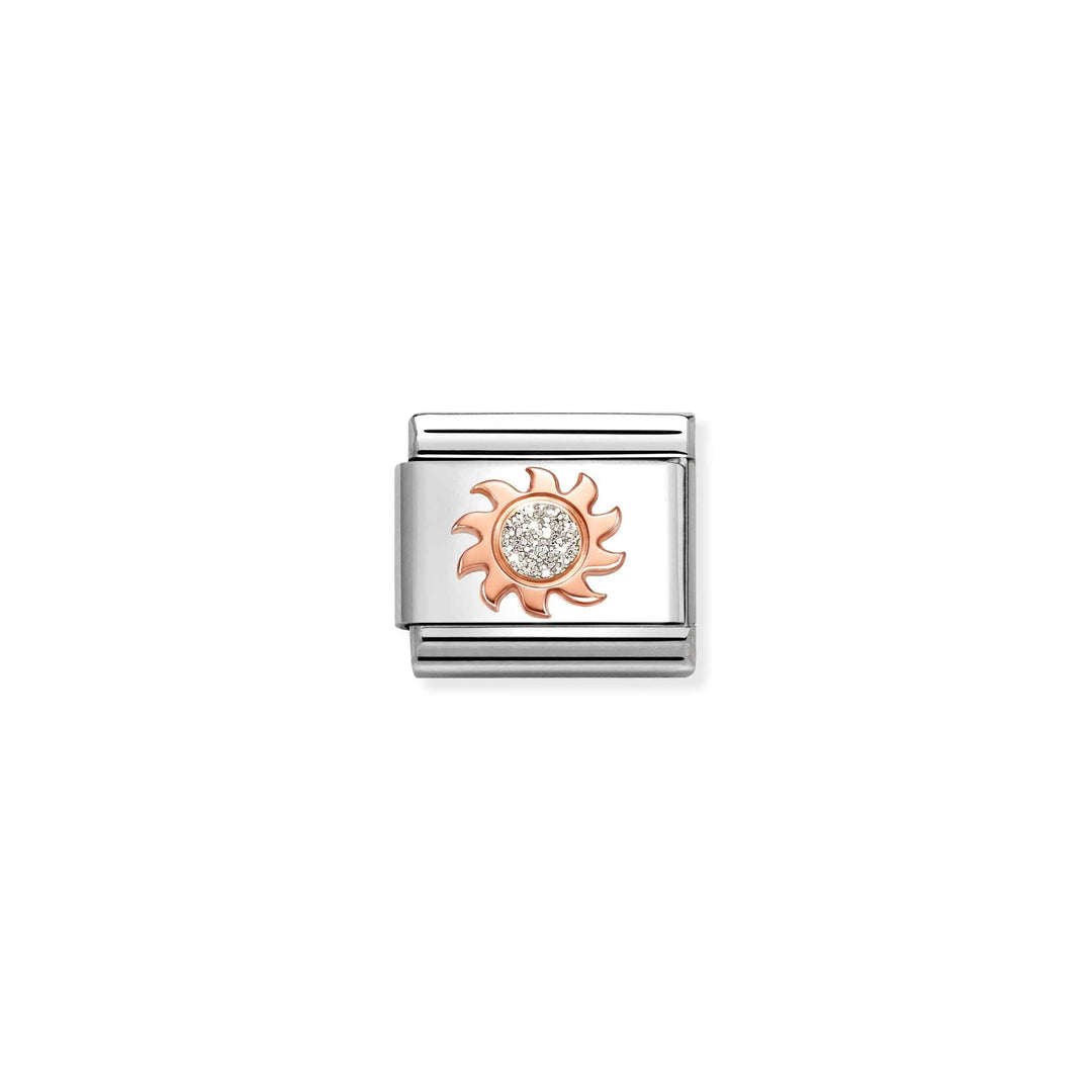 Niche Jewellery Nomination charm featuring a rose gold sun motif with glitter enamel on a stainless steel link.