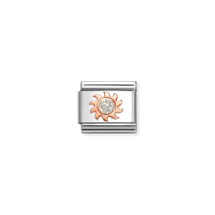 Niche Jewellery Nomination charm featuring a rose gold sun motif with glitter enamel on a stainless steel link.