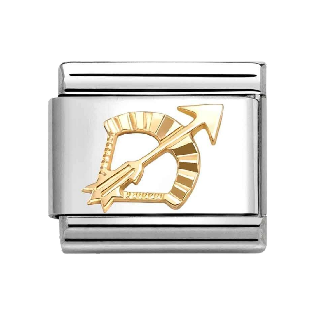 Niche Jewellery Nomination Sagittarius zodiac charm in stainless steel with an 18k gold archer arrow and fluted bezel.