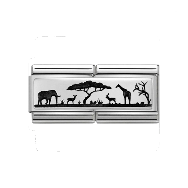 Niche Jewellery Nomination silver double link charm featuring a black African savannah skyline with wildlife animals.