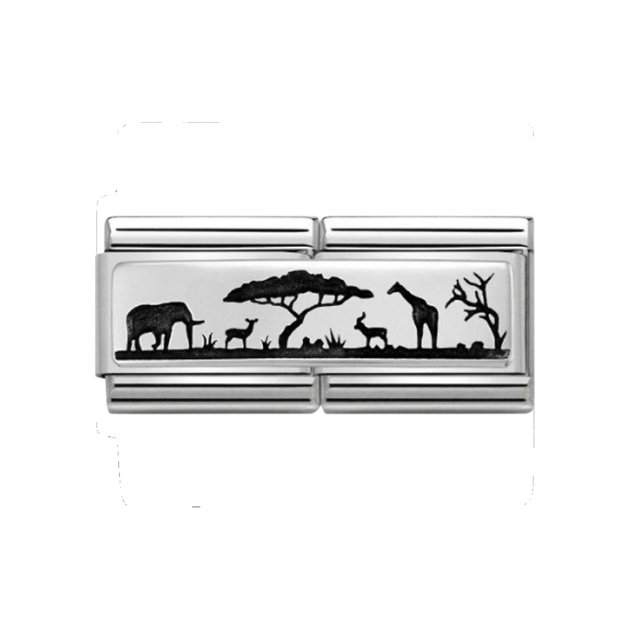 Niche Jewellery Nomination silver double link charm featuring a black African savannah skyline with wildlife animals.