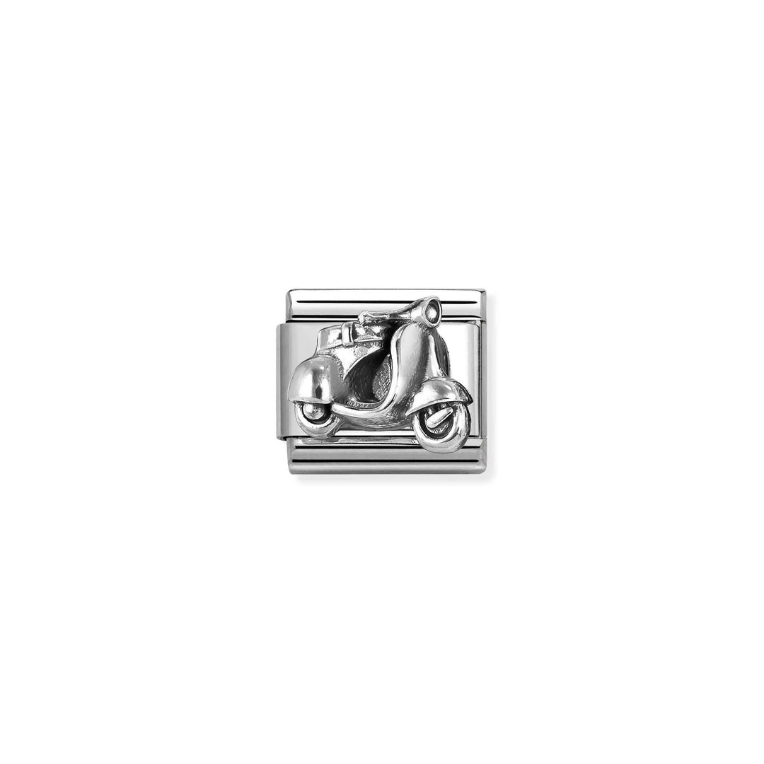 Niche Jewellery Nomination stainless steel charm featuring an oxidised silver vintage scooter design.