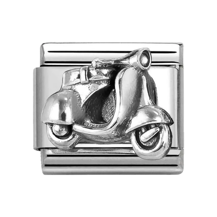 Niche Jewellery Nomination stainless steel charm featuring an oxidised silver vintage scooter design.