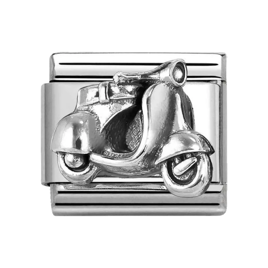 Niche Jewellery Nomination stainless steel charm featuring an oxidised silver vintage scooter design.