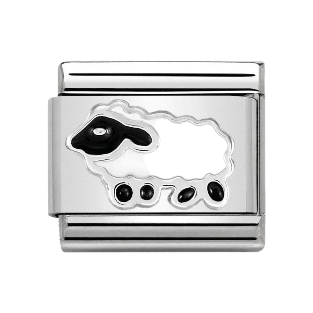Niche Jewellery Nomination charm featuring a cute sheep design in stainless steel with black and white enamel.