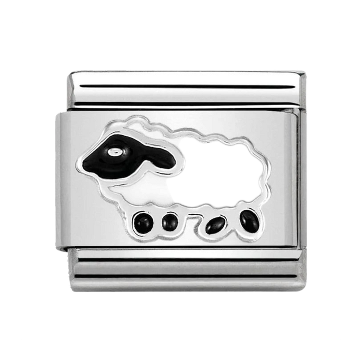 Niche Jewellery Nomination charm featuring a cute sheep design in stainless steel with black and white enamel.