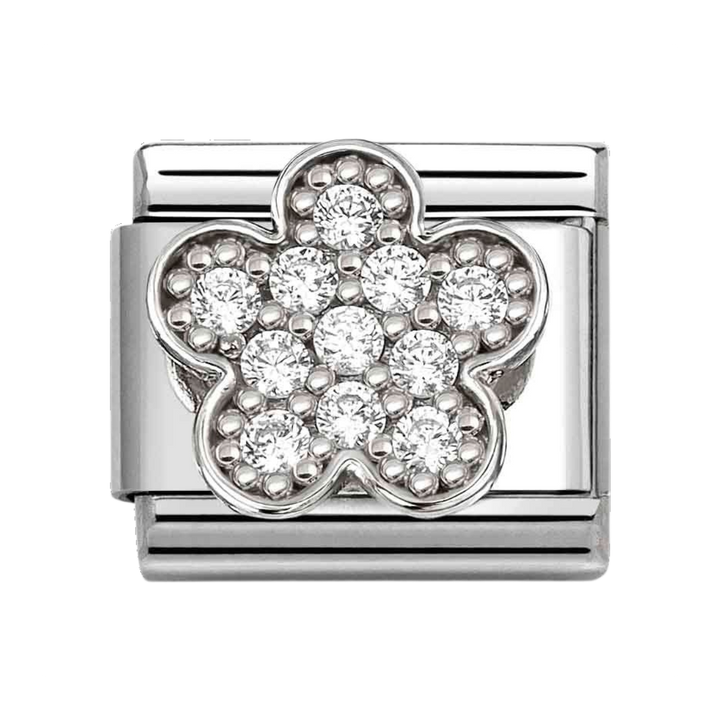 Niche Jewellery Nomination silver flower charm with sparkling cubic zirconia stones for a classic composable bracelet
