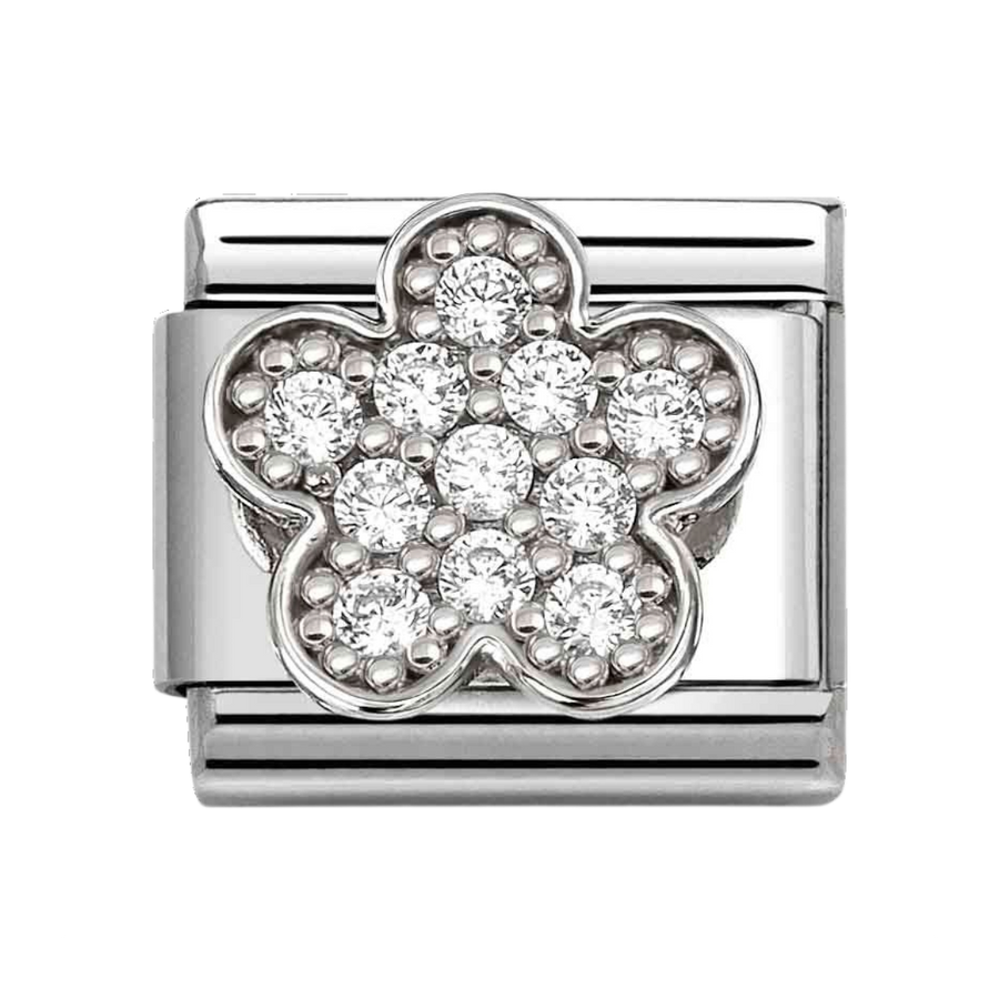Niche Jewellery Nomination silver flower charm with sparkling cubic zirconia stones for a classic composable bracelet