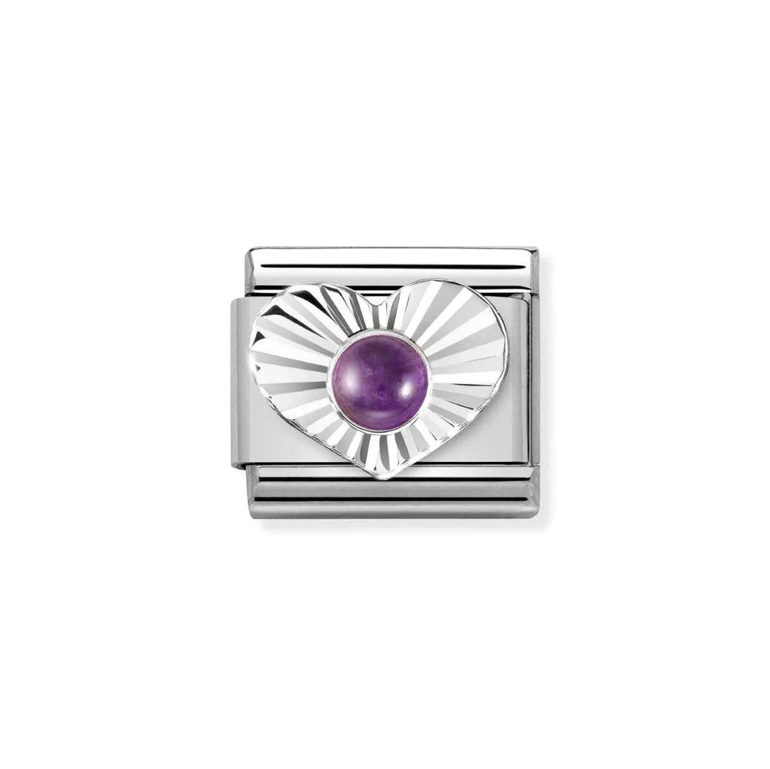Niche Jewellery Nomination silver charm with a fluted bezel heart design featuring a purple amethyst stone.