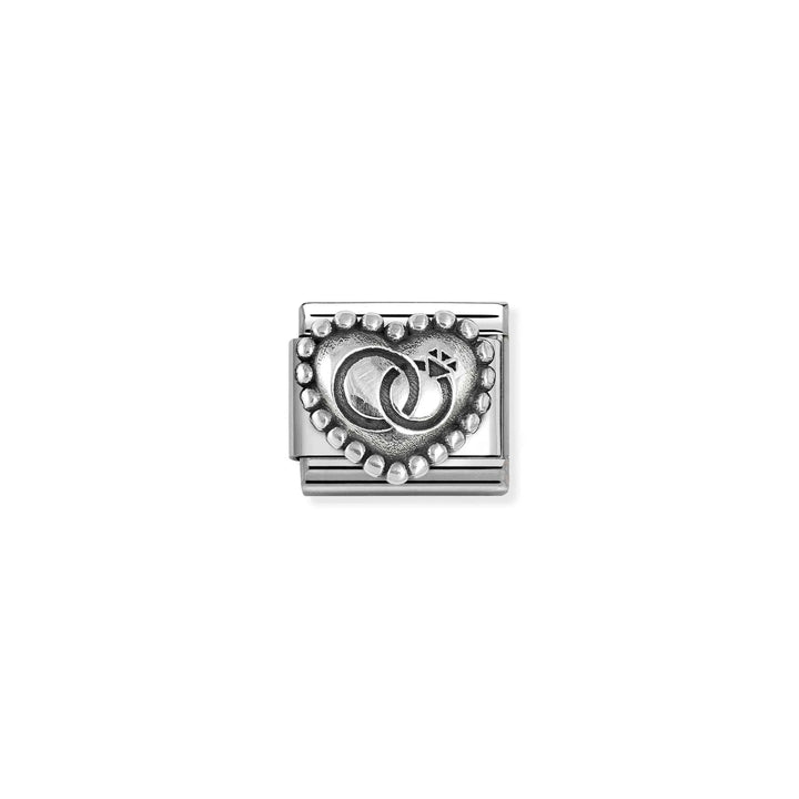 Niche Jewellery Nomination stainless steel charm featuring an oxidised silver heart with wedding rings detail.