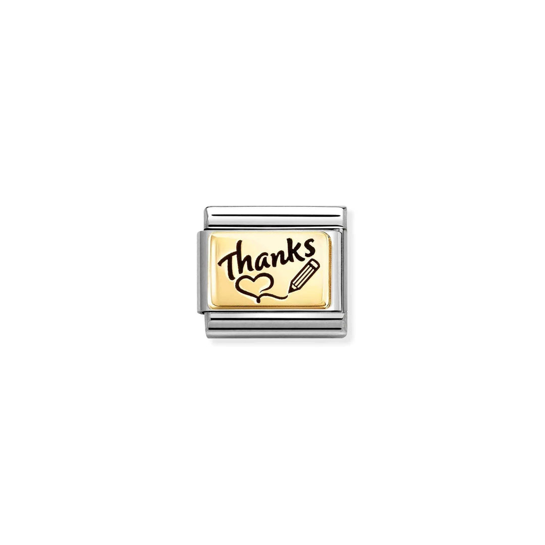 Niche Jewellery Nomination gold and stainless steel charm featuring Thanks text and pencil heart design.