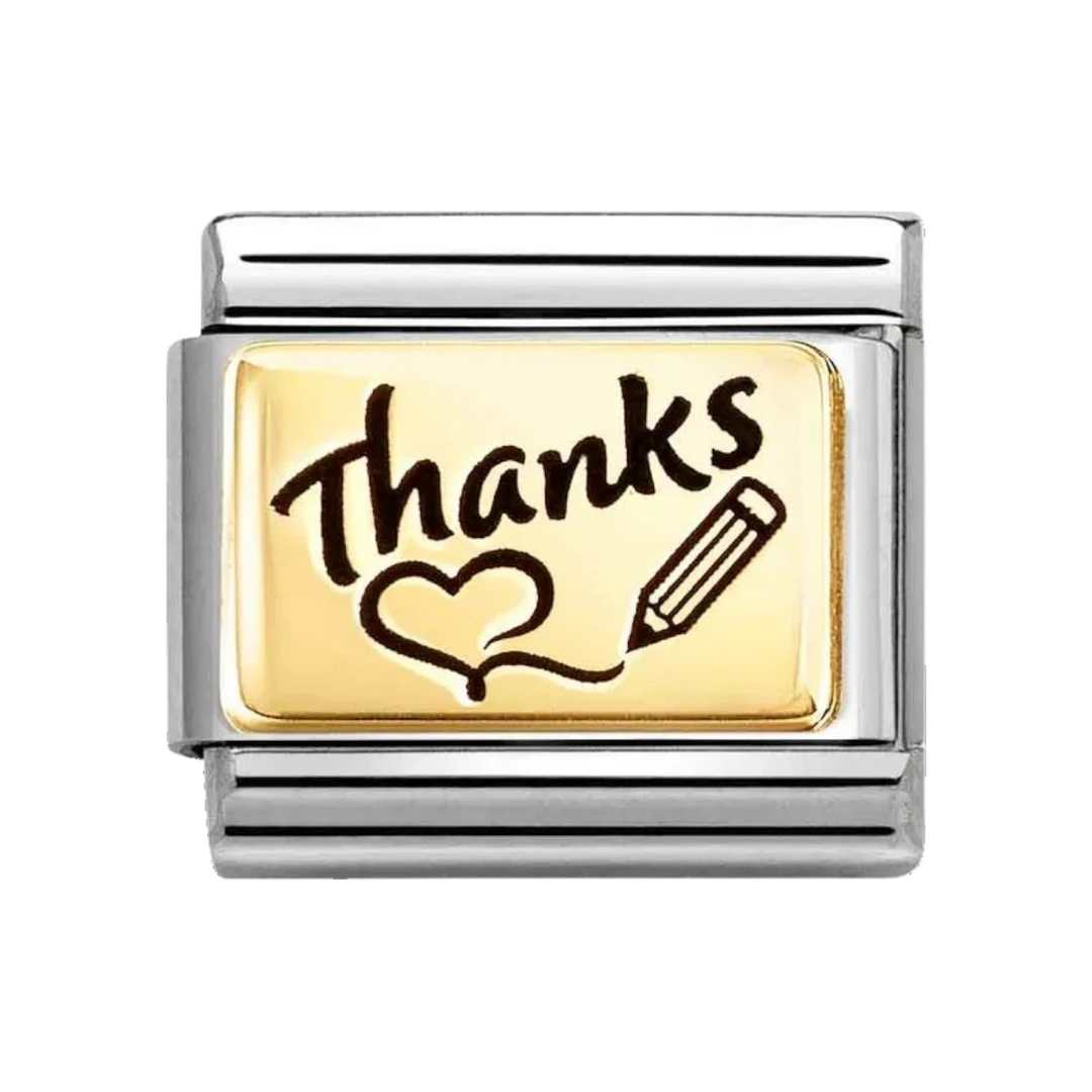 Niche Jewellery Nomination charm in stainless steel and 18k gold featuring a Thanks inscription and pencil design.