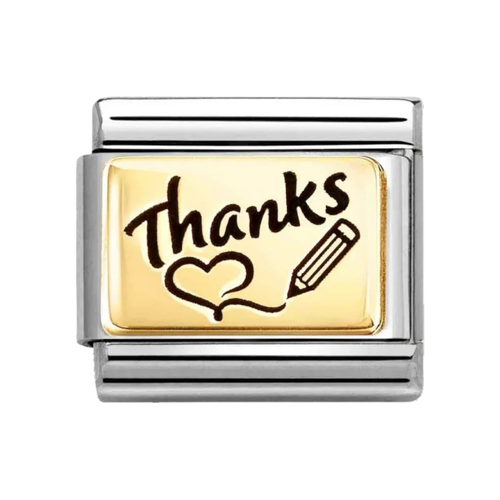 Niche Jewellery Nomination charm in stainless steel and 18k gold featuring a Thanks inscription and pencil design.