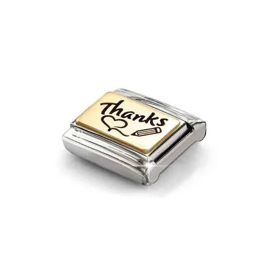 Niche Jewellery Nomination charm in stainless steel and 18k gold featuring a Thanks inscription with heart and pencil
