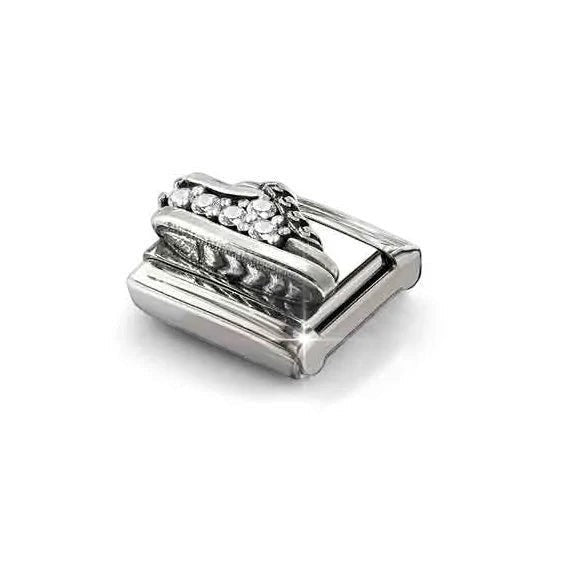 Niche Jewellery Nomination stainless steel trainer charm with oxidised silver finish and sparkling cubic zirconia.
