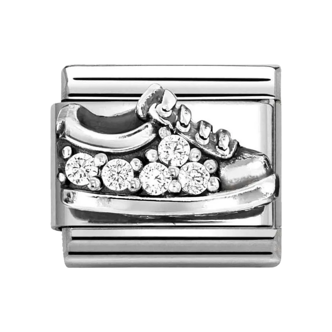 Niche Jewellery Nomination stainless steel trainer charm with oxidised silver finish and sparkling cubic zirconia.