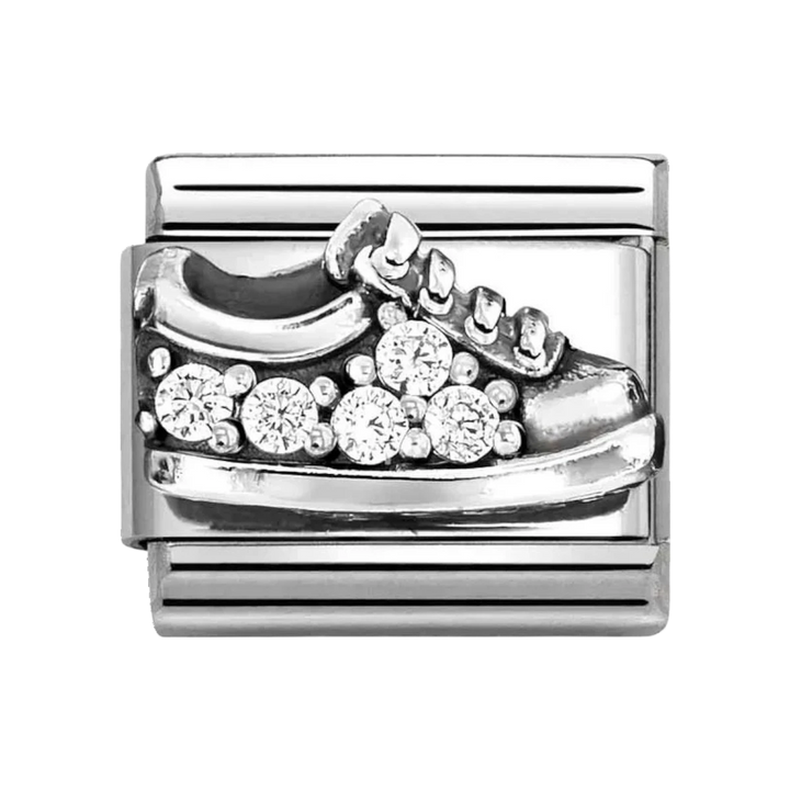 Niche Jewellery Nomination stainless steel trainer charm with oxidised silver finish and sparkling cubic zirconia.