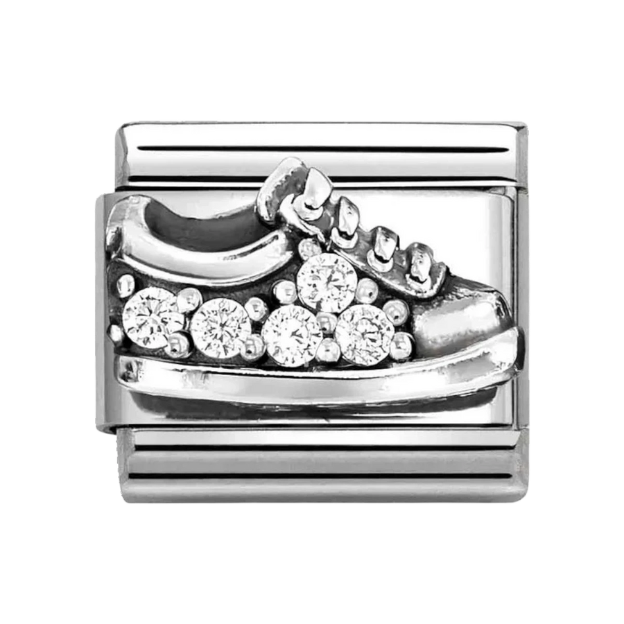 Niche Jewellery Nomination stainless steel trainer charm with oxidised silver finish and sparkling cubic zirconia.