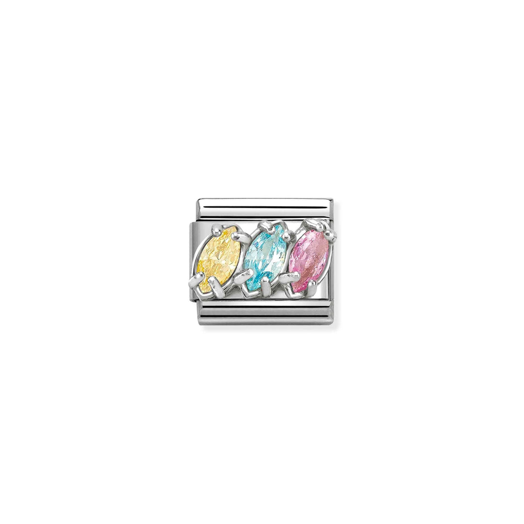 Niche Jewellery Nomination charm featuring yellow, blue, and pink teardrop stones on a silver link.
