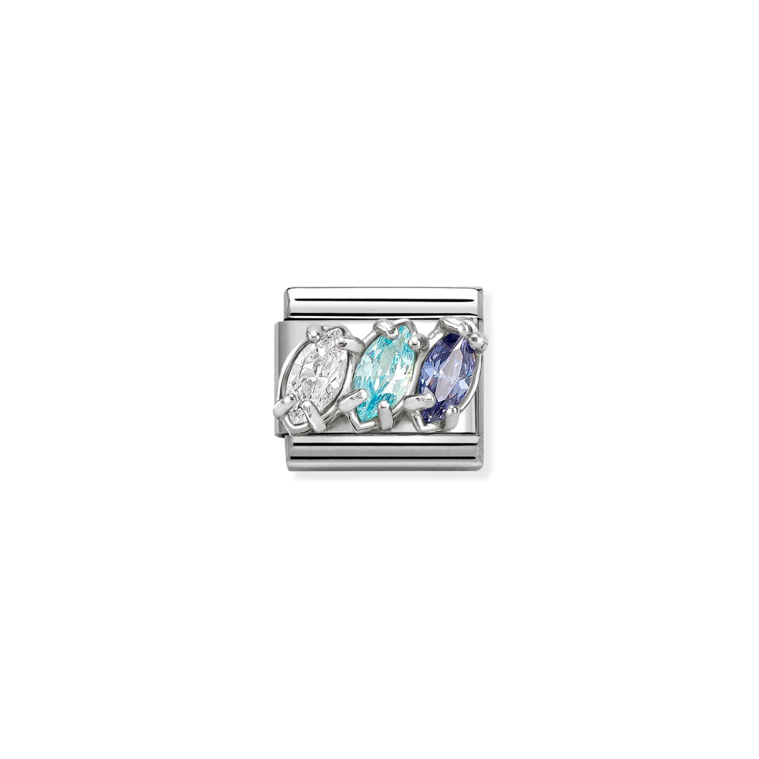 Niche Jewellery Nomination charm featuring three teardrop stones in blue and white on a sterling silver link.