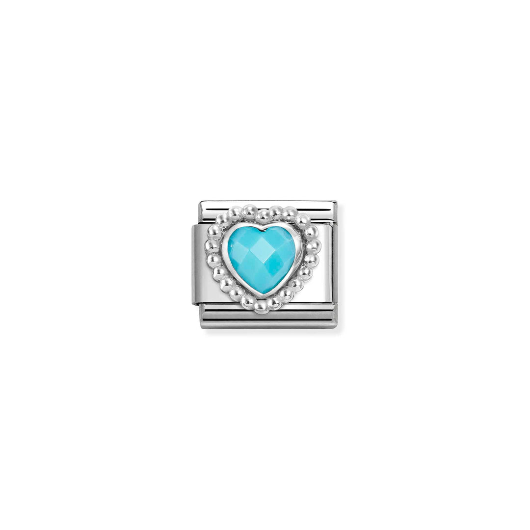 Niche Jewellery Nomination silver charm featuring a faceted turquoise heart with a beaded border on stainless steel