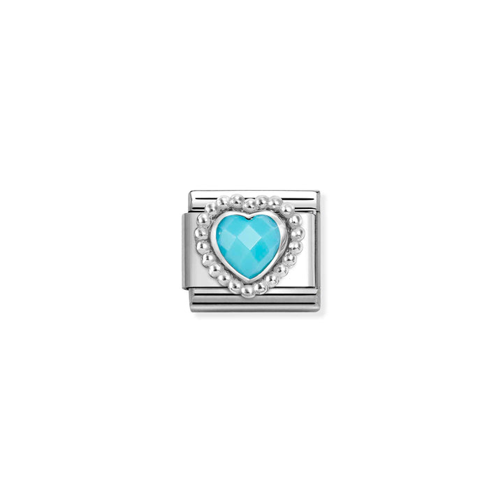 Niche Jewellery Nomination silver charm featuring a faceted turquoise heart with a beaded border on stainless steel
