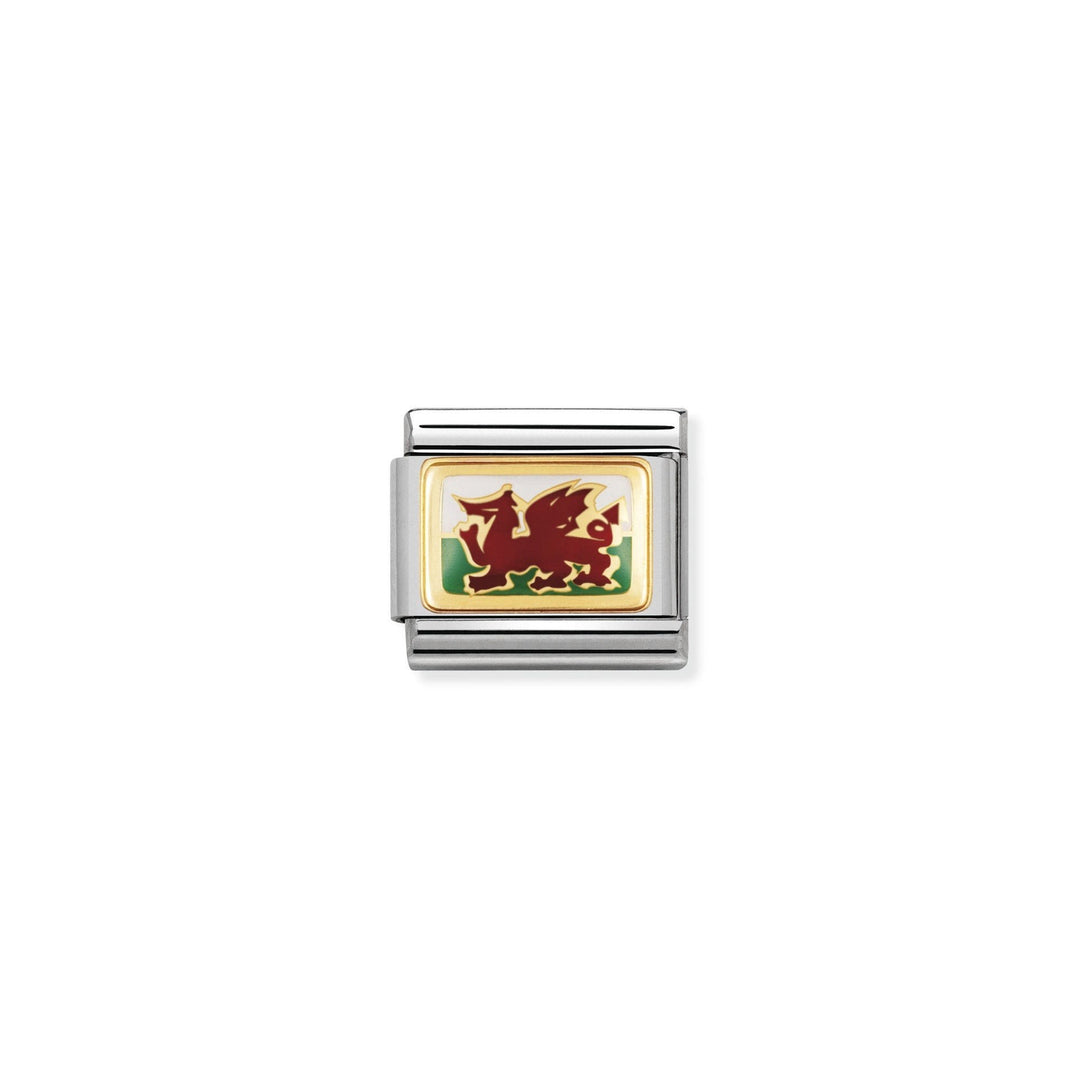Niche Jewellery Nomination Wales flag charm featuring a red dragon on green and white enamel with 18k gold detailing.