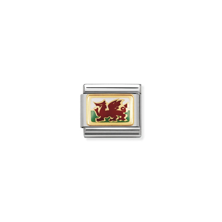 Niche Jewellery Nomination Wales flag charm featuring a red dragon on green and white enamel with 18k gold detailing.