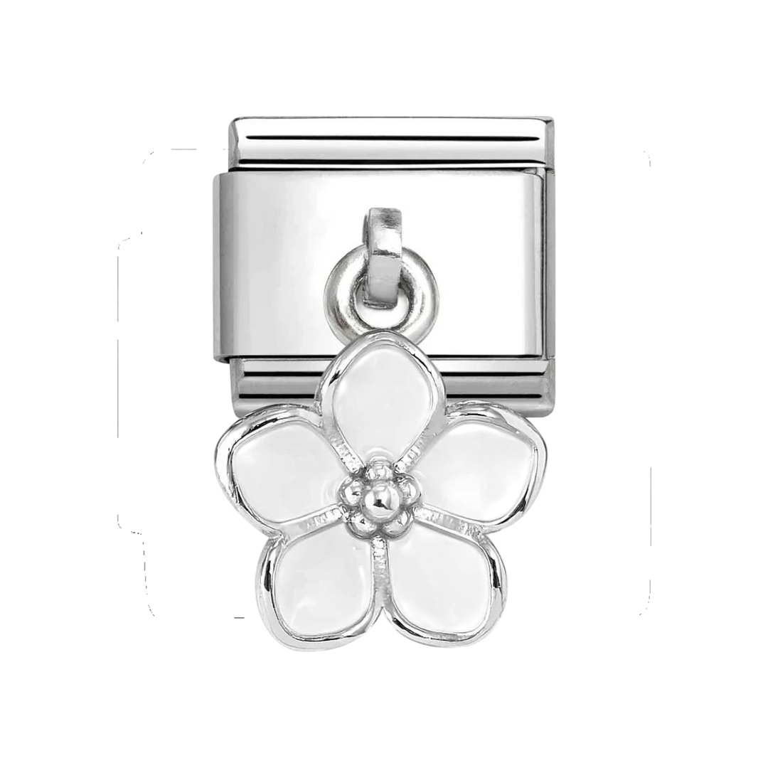 Niche Jewellery Nomination silver charm featuring a delicate white enamel flower drop on a stainless steel link.
