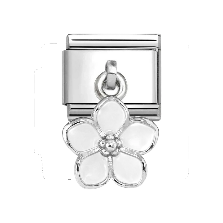 Niche Jewellery Nomination silver charm featuring a delicate white enamel flower drop on a stainless steel link.