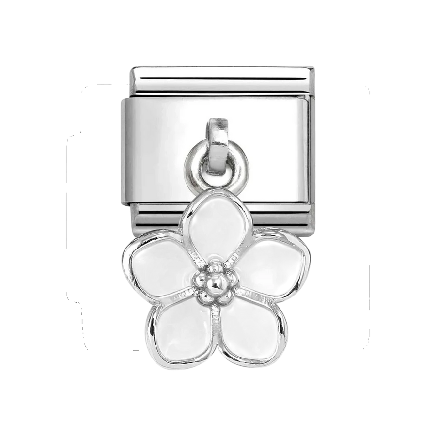 Niche Jewellery Nomination silver charm featuring a delicate white enamel flower drop on a stainless steel link.