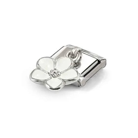Niche Jewellery Nomination silver charm featuring a delicate white enamel flower drop on a stainless steel link.