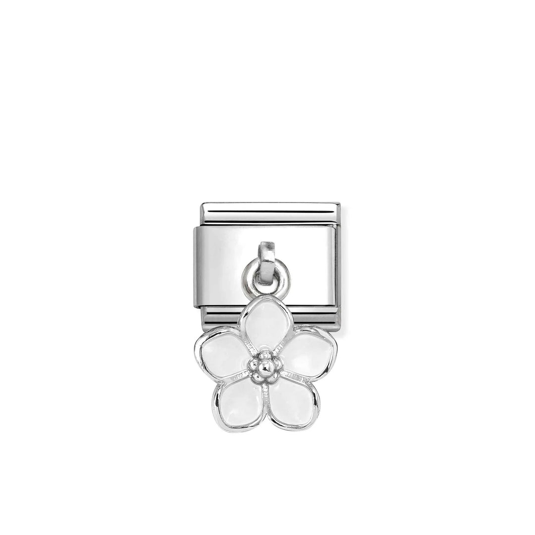 Niche Jewellery Nomination silver charm featuring a delicate white enamel flower drop on a stainless steel link.