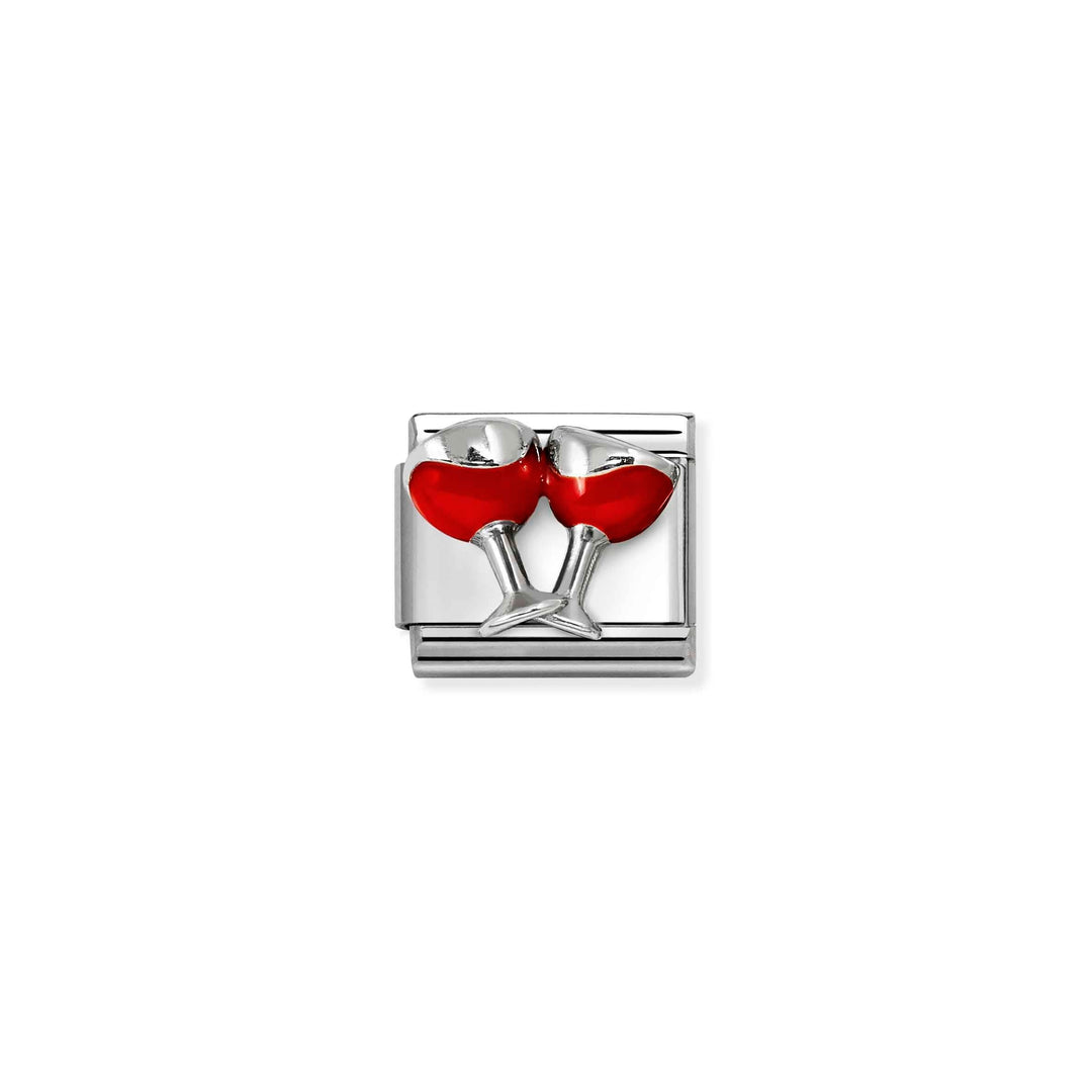 Niche Jewellery Nomination charm featuring two silver wine glasses with red enamel detail for a classic bracelet.