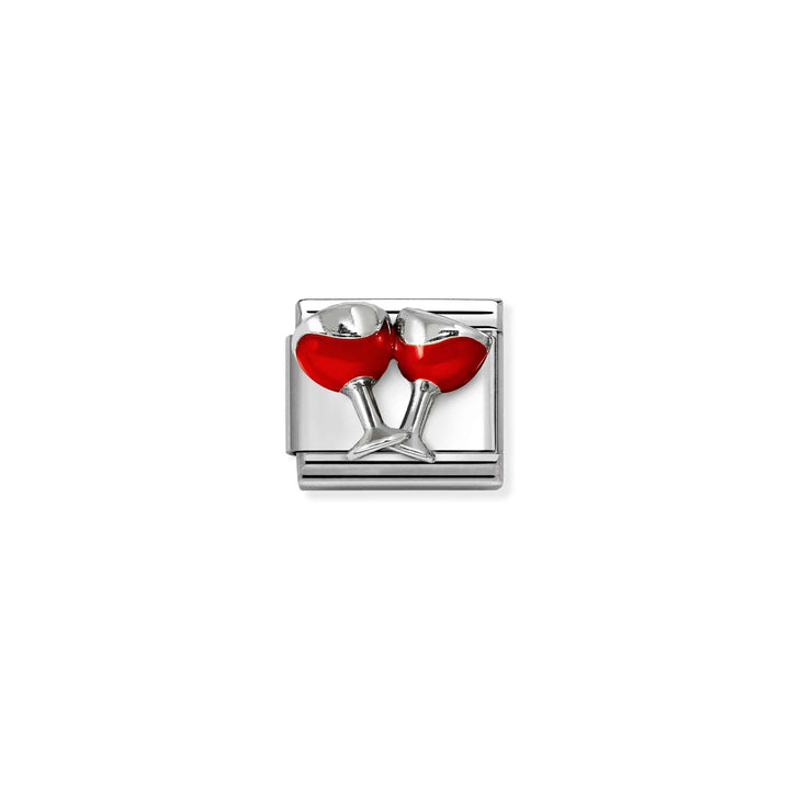 Niche Jewellery Nomination charm featuring two silver wine glasses with red enamel detail for a classic bracelet.