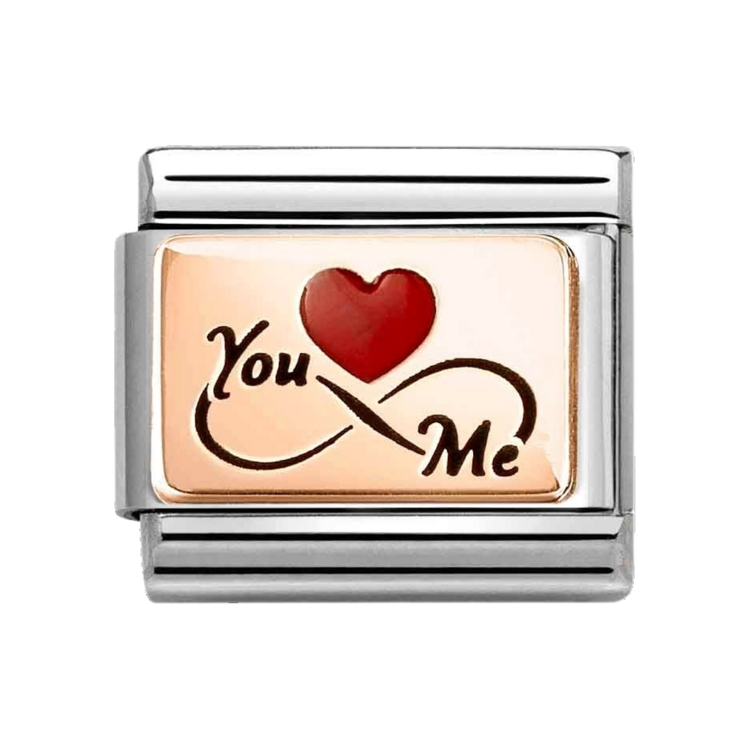 Niche Jewellery Nomination charm in stainless steel and rose gold featuring a red heart and You and Me text.