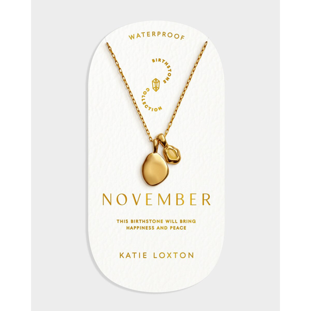 Niche Jewellery Katie Loxton November gold-tone waterproof birthstone necklace on a branded display card.