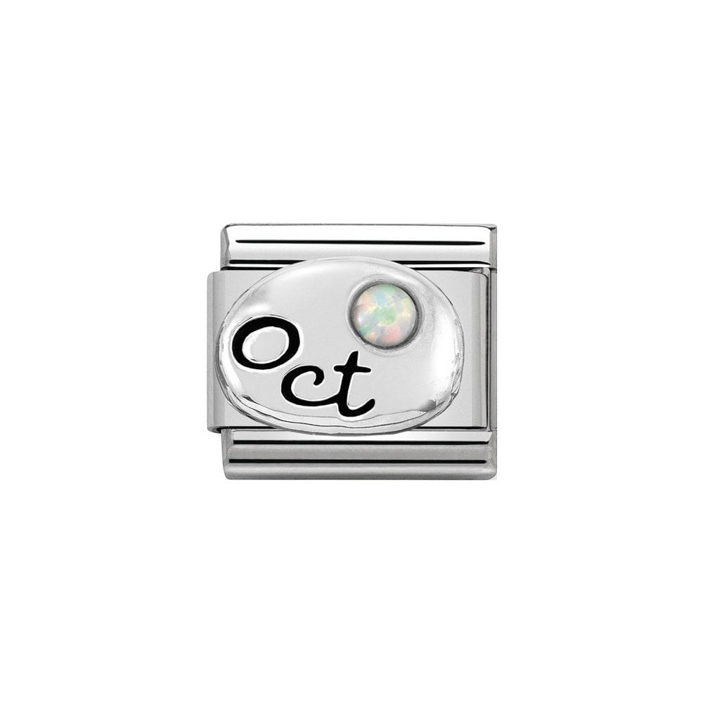 Niche Jewellery silver charm with 'Oct' engraving and a white opal zirconia stone, perfect for Nomination bracelets.