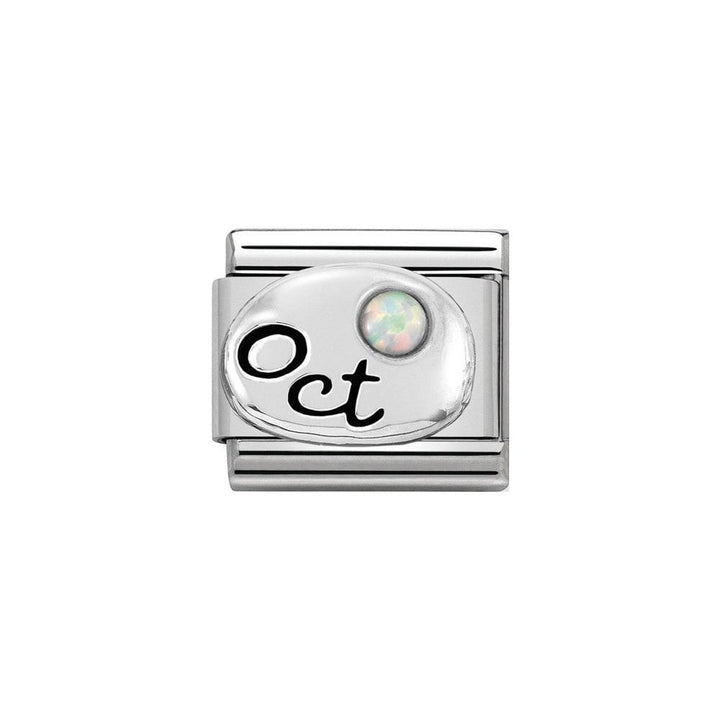 Niche Jewellery silver charm with 'Oct' engraving and a white opal zirconia stone, perfect for Nomination bracelets.