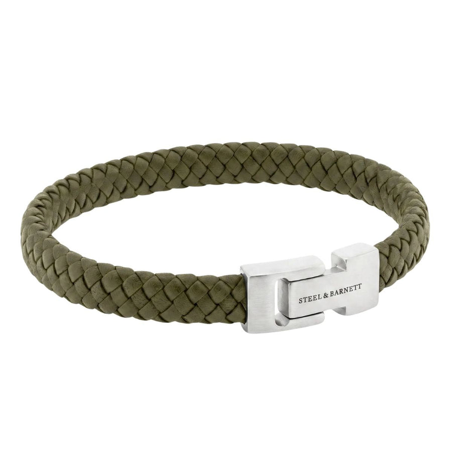 Niche Jewellery Steel & Barnett olive green braided nappa leather men's bracelet with stainless steel magnetic clasp.